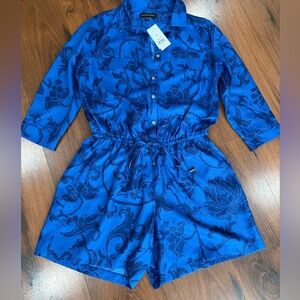 NWT Banana Republic Romper Womens Sz 2P Blue Floral Satin Shorts Shortall